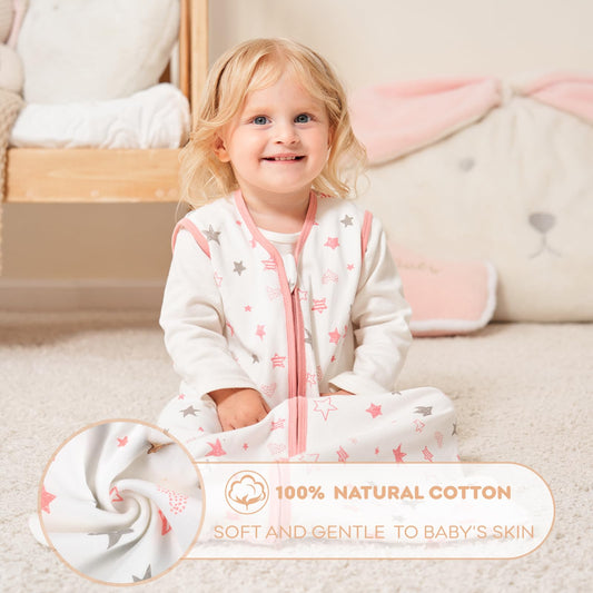 2 x 100% Cotton Baby Sleeping Bag 0.5 Tog Soft Wearable Blanket Sleepsack Pink & Star 12-18Mth Boxed Gift