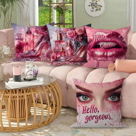 4 x Boudoir Design Pink Velvet Soft, Romantic, Glittery Decorative Bedroom, Sofa Cushion Covers Set
