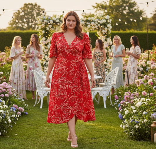 Next Red Floral Crinkle UK 20 Tall Wrap Design Formal Casual Midi Dress