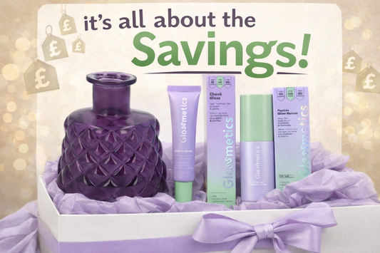 Glossmetics Peptide Glazed Face Serum, Spot Clearing Gel Tea Tree & Tangerine & Gisela Graham Purple Glass Trellis Stubby Vase Gift Set