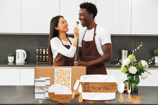 Mr & Mrs Wedding Gift Newlywed Couples Chopping Board, Coasters, Cheese Knives & Table Cloths Set