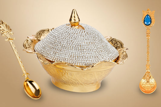 Crystal Coated Handmade Gold Plated Brass Sugar Chocolate Candy Bowl Serving Dish, Lid & Spoons Set