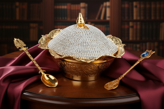 Crystal Coated Handmade Gold Plated Brass Sugar Chocolate Candy Bowl Serving Dish, Lid & Spoons Set