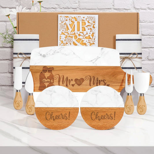 Mr & Mrs Wedding Gift Newlywed Couples Chopping Board, Coasters, Cheese Knives & Table Cloths Set
