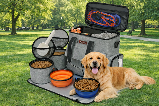 Airline Approved Dog, Cat Pet Travel Bag with Food Carriers, Bowls & Mat Organiser Set